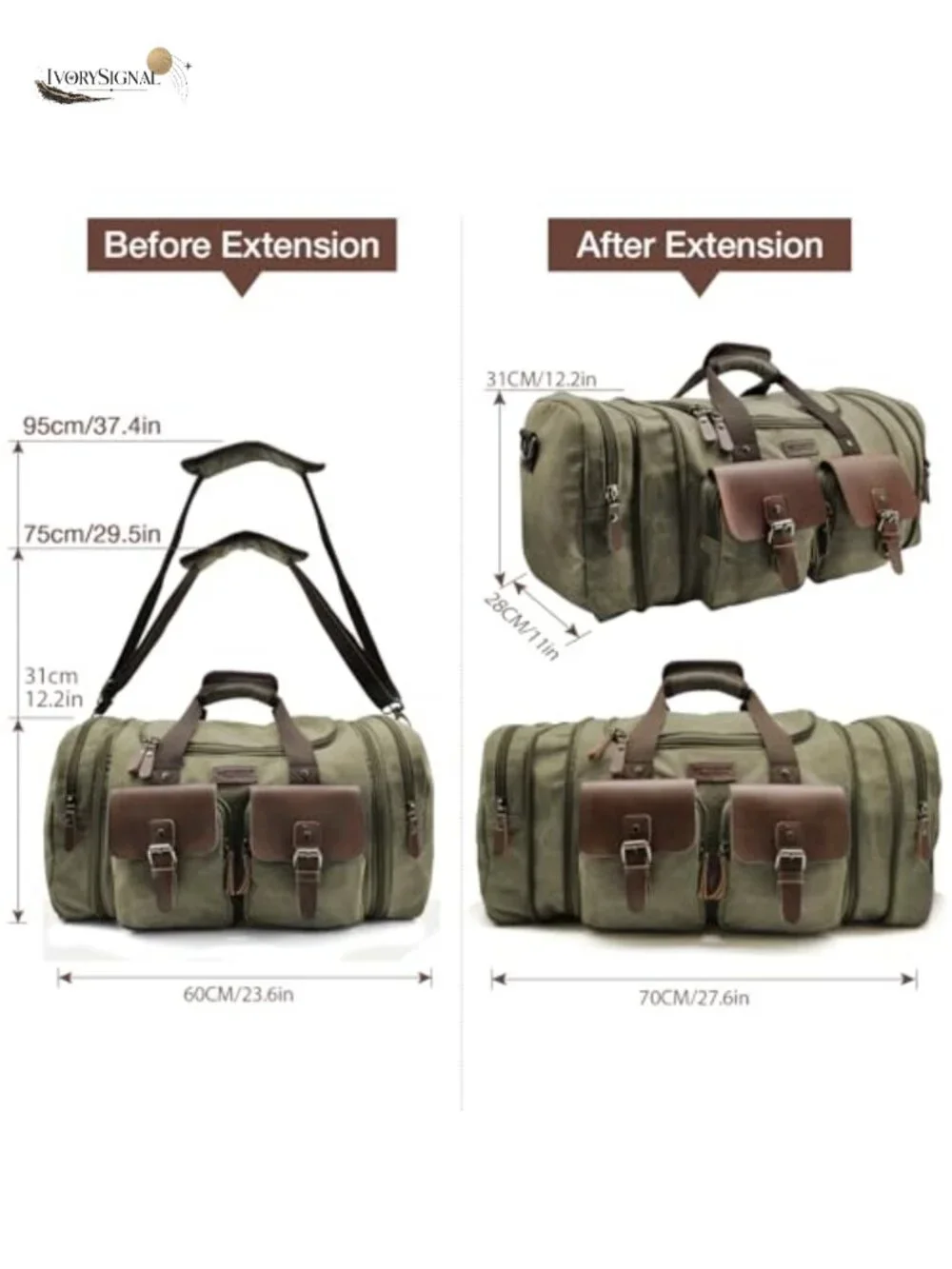 Expandable Canvas Duffle Bag 60L Weekender Overnight Travel Bag